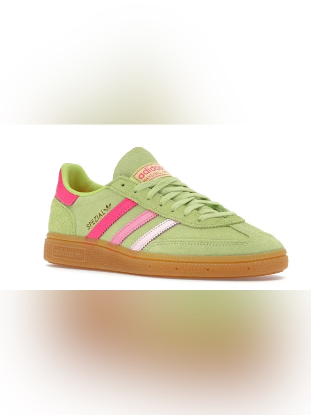 adidas Spezial Low Top Sneakers in Light Green with Pink Accents and Gum Sole